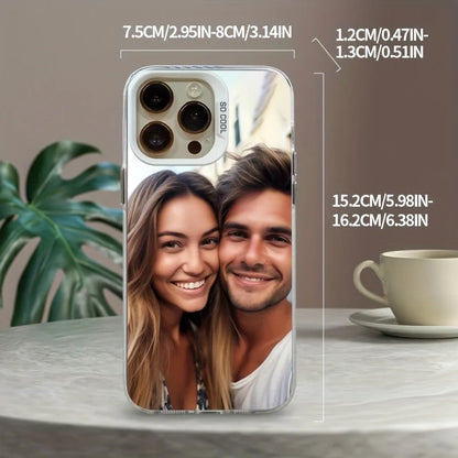 Phone case with a printed design of a couple, shown with dimensions on a table.